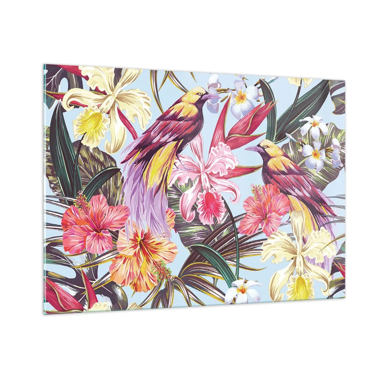 Quadro su vetro - Uccelli e fiori esotici su uno sfondo chiaro - 100x70cm - Petali e piume - Decorazione murale moderna per soggiorno e camera da letto ARTTOR