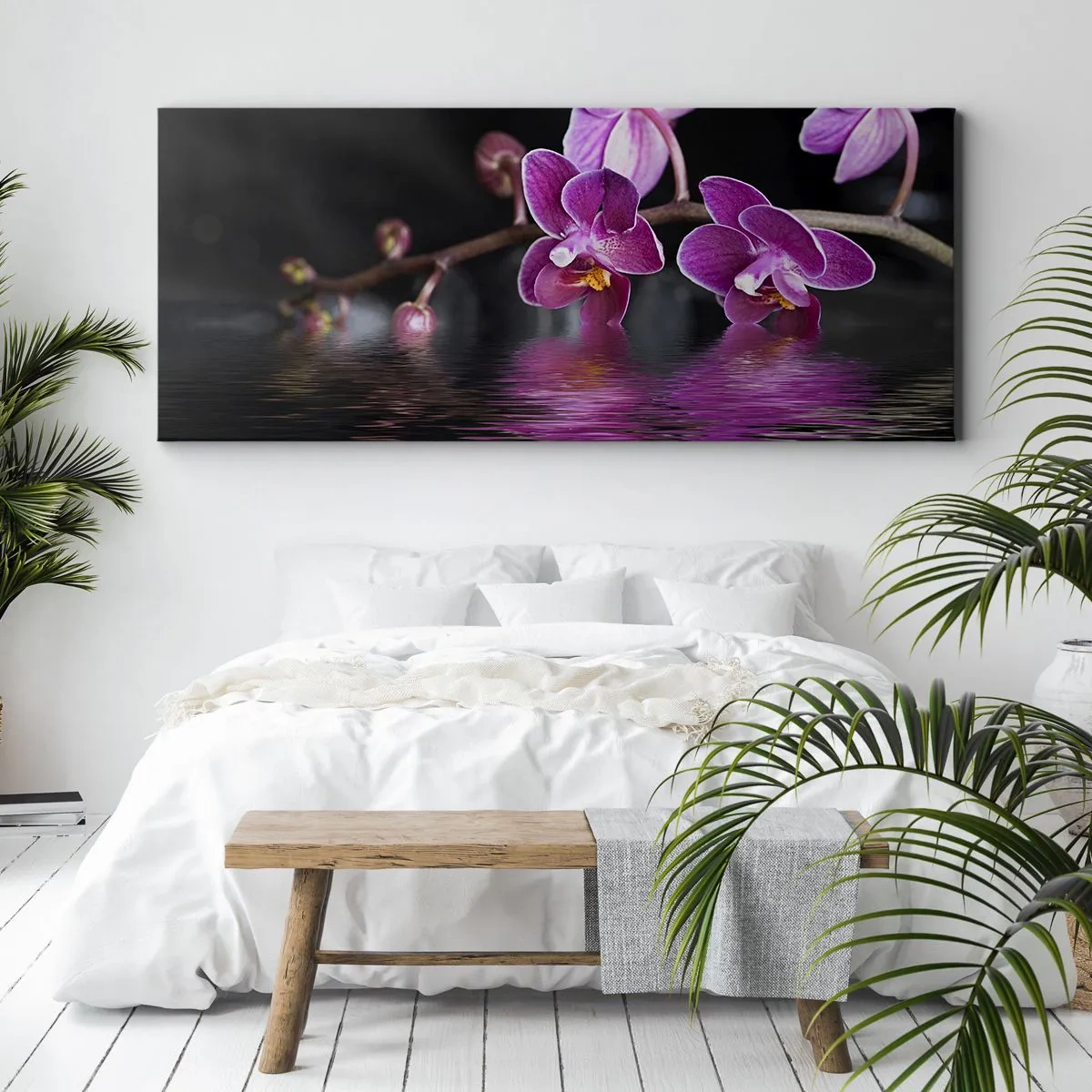 Quadro su tela - Stampe su Tela - Orchidee viola su acqua calma su sfondo nero - 120x50cm - La bellezza riflessa dai gigli - Decorazione murale moderna per soggiorno e camera da letto ARTTOR