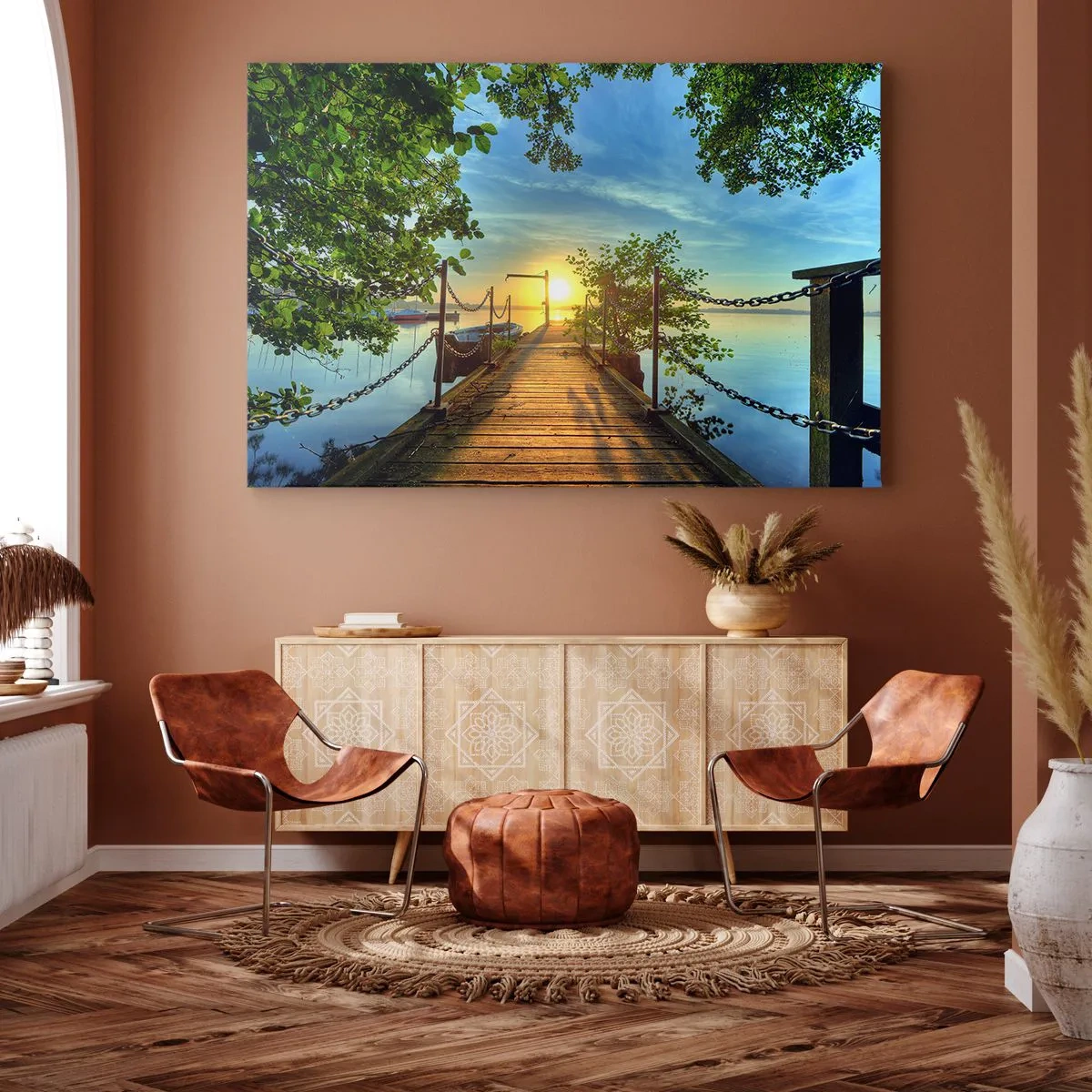 Quadro su tela - Stampe su Tela - Un molo sul lago sotto i raggi del tramonto - 120x80cm - Tramonto sul lago - Decorazione murale moderna per soggiorno e camera da letto ARTTOR