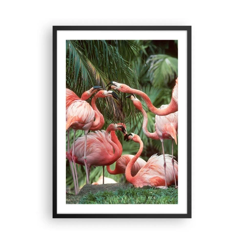 Poster in cornice nera - Fenicotteri rosa in un ambiente esotico di palme - 50x70cm - Pettegolezzi pomeridiani - Decorazione murale moderna per soggiorno e camera da letto ARTTOR