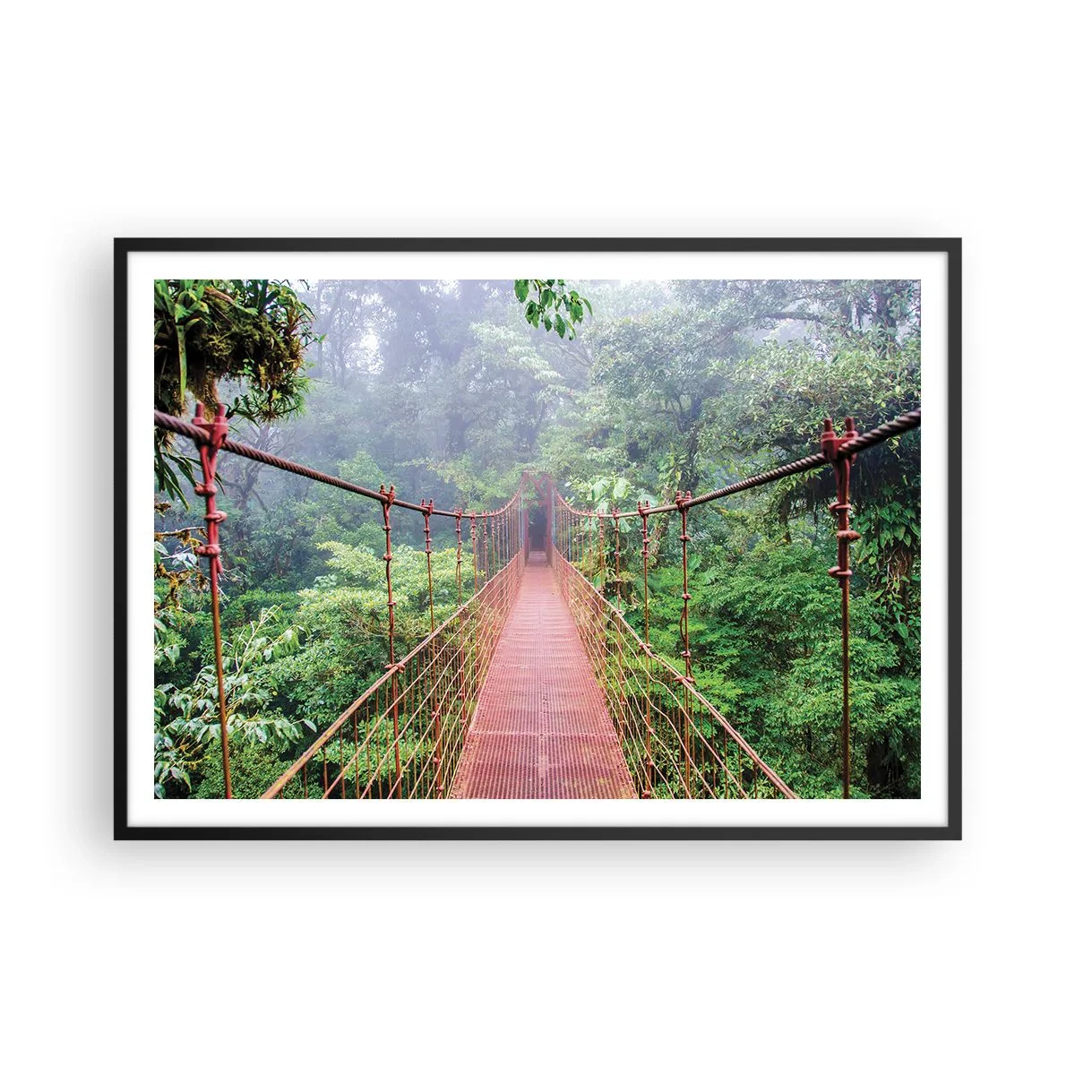 Poster in cornice nera - Un ponte sospeso in una giungla tropicale circondato dalla nebbia - 100x70cm - Sospeso sopra gli alberi - Decorazione murale moderna per soggiorno e camera da letto ARTTOR