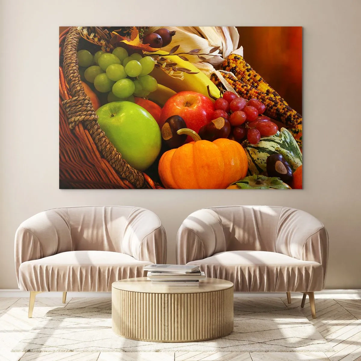 Quadro su vetro - Un cesto pieno di frutta e verdura in una composizione autunnale - 120x80cm - Cesta dell'abbondanza - Decorazione murale moderna per soggiorno e camera da letto ARTTOR