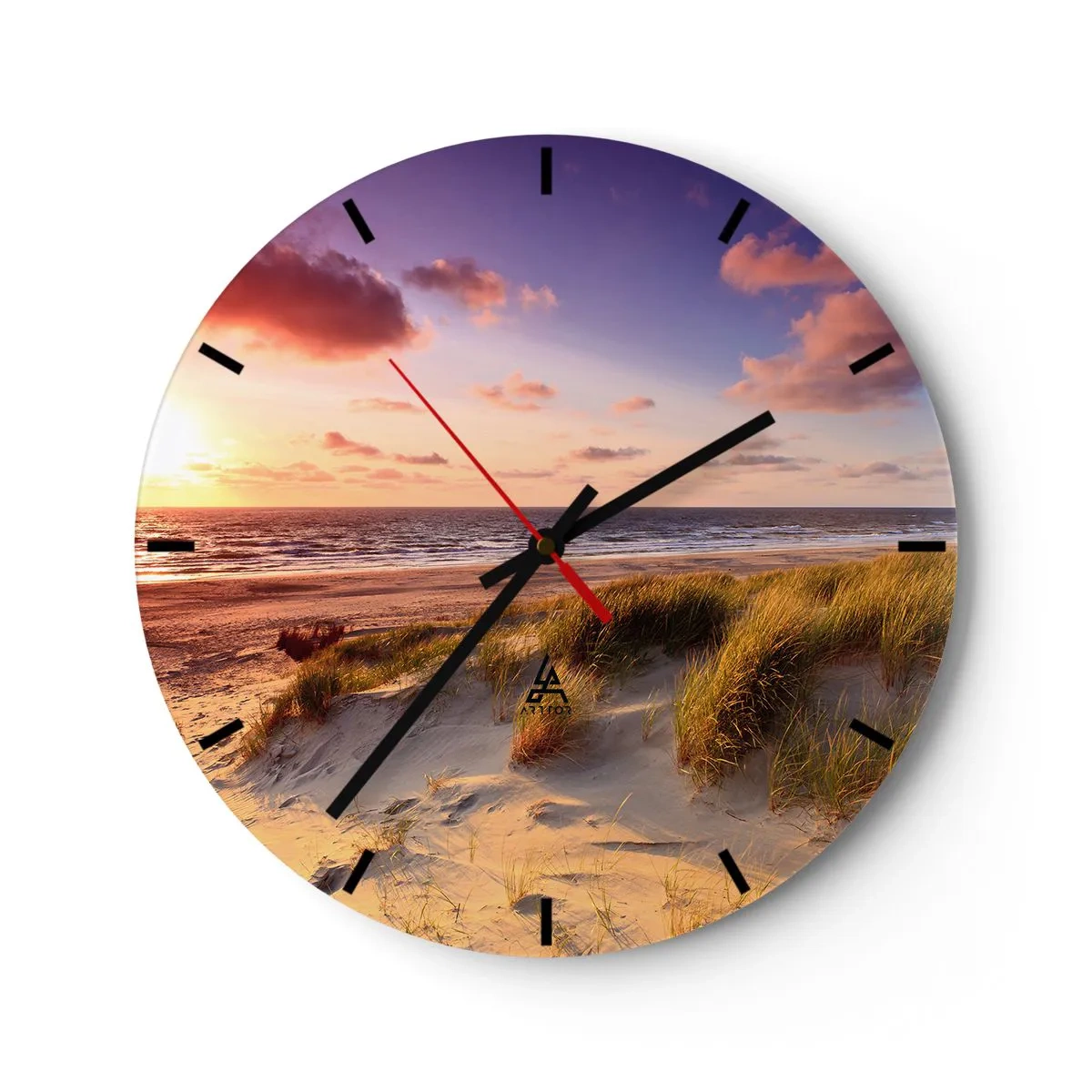 Orologio da parete - Orologio in Vetro - Una spiaggia con dune e un tramonto dorato su un mare calmo - 30x30cm - L'aria già profuma di estate - Decorazione murale moderna per soggiorno, cucina e camera da letto ARTTOR