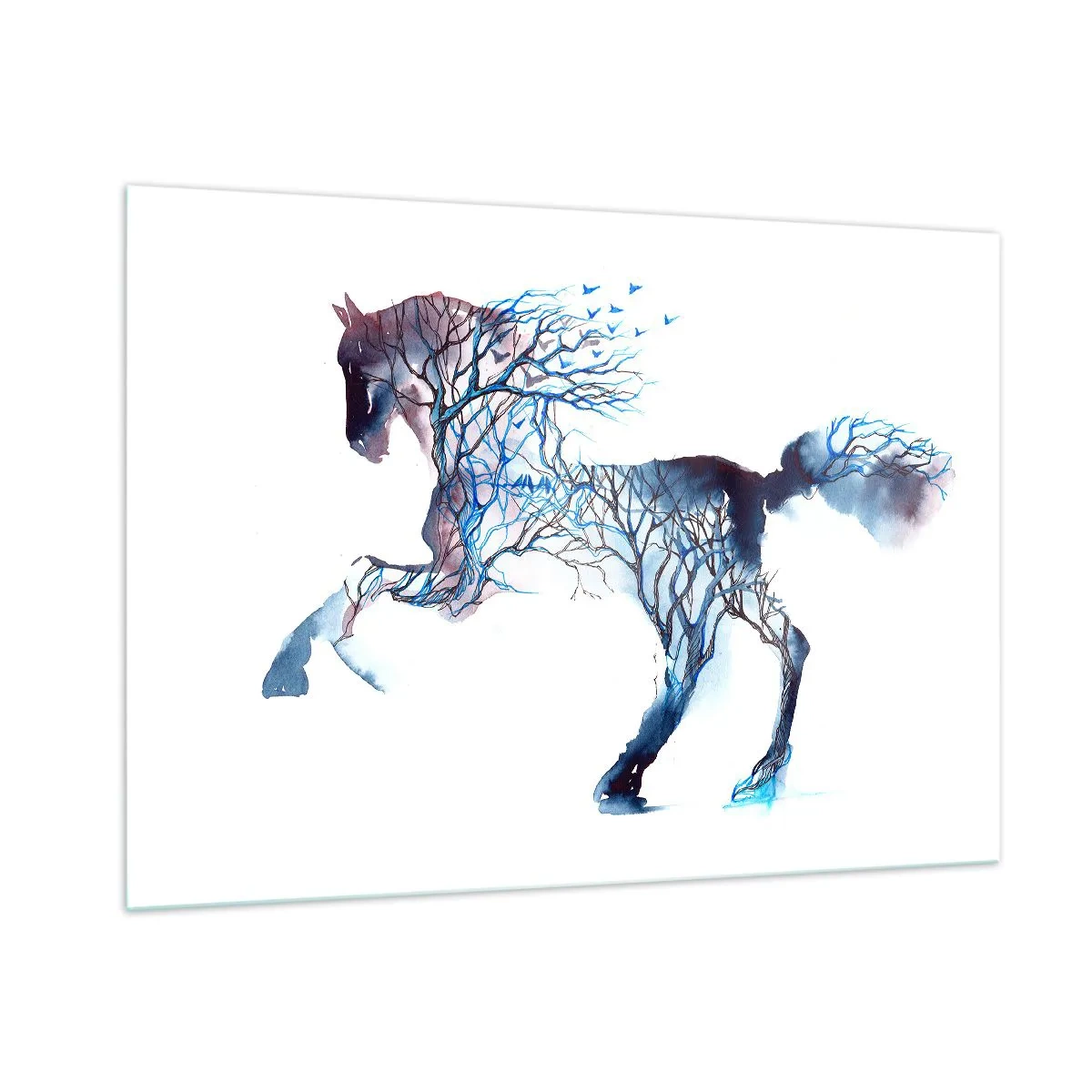 Quadro su vetro - Illustrazione di un cavallo con rami al posto del corpo - 100x70cm - Come se il bosco si muovesse - Decorazione murale moderna per soggiorno e camera da letto ARTTOR