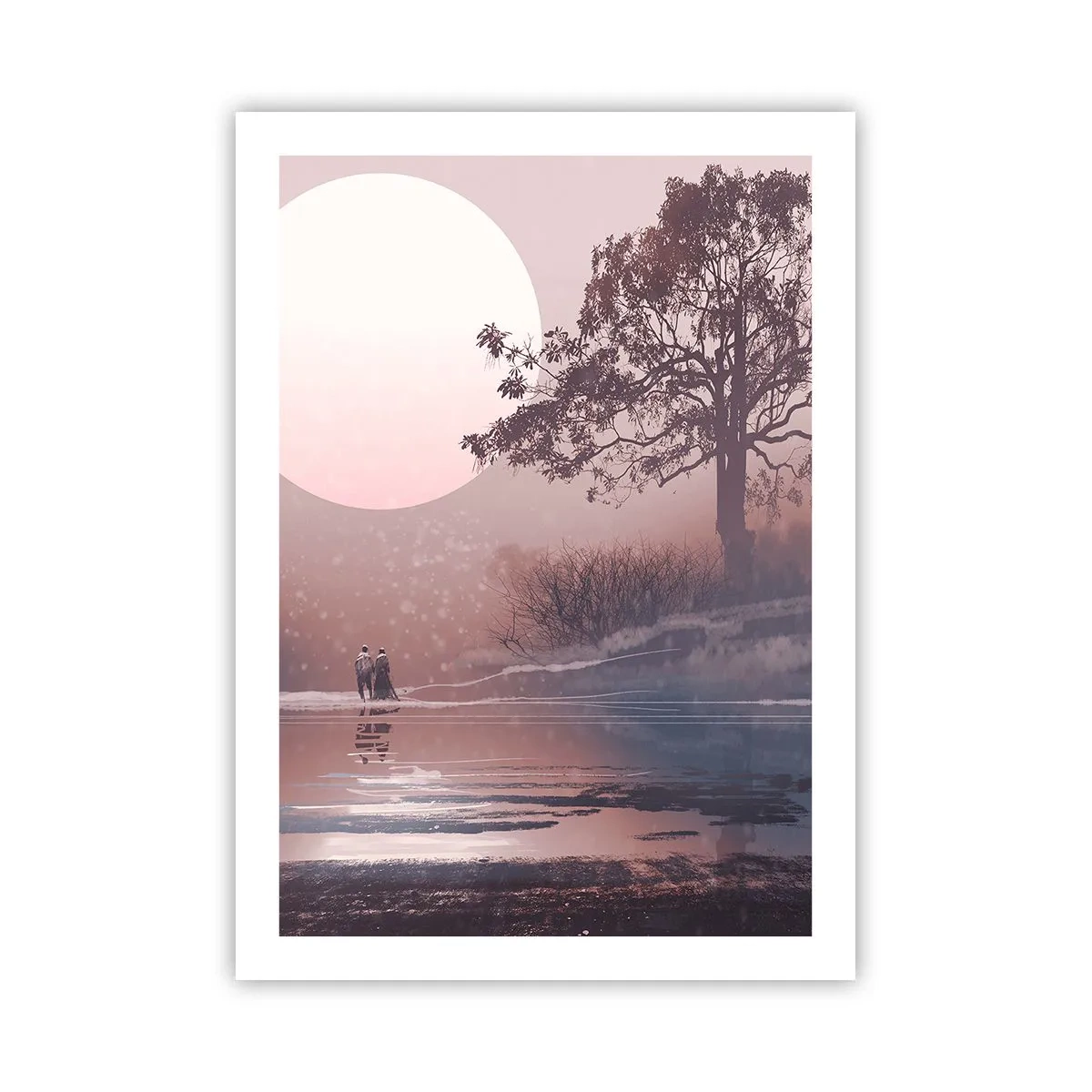 Poster - Paesaggio romantico con la luna e un albero in riva all'acqua - 50x70cm - Meraviglie della notte - Decorazione murale moderna per soggiorno e camera da letto ARTTOR