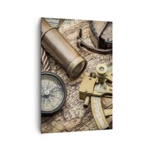 Quadro su tela - Stampe su Tela - Una bussola, un sestante e un telescopio sullo sfondo di una vecchia mappa e di una corda nautica. - 70x100cm - Traccia la rotta - Decorazione murale moderna per soggiorno e camera da letto ARTTOR