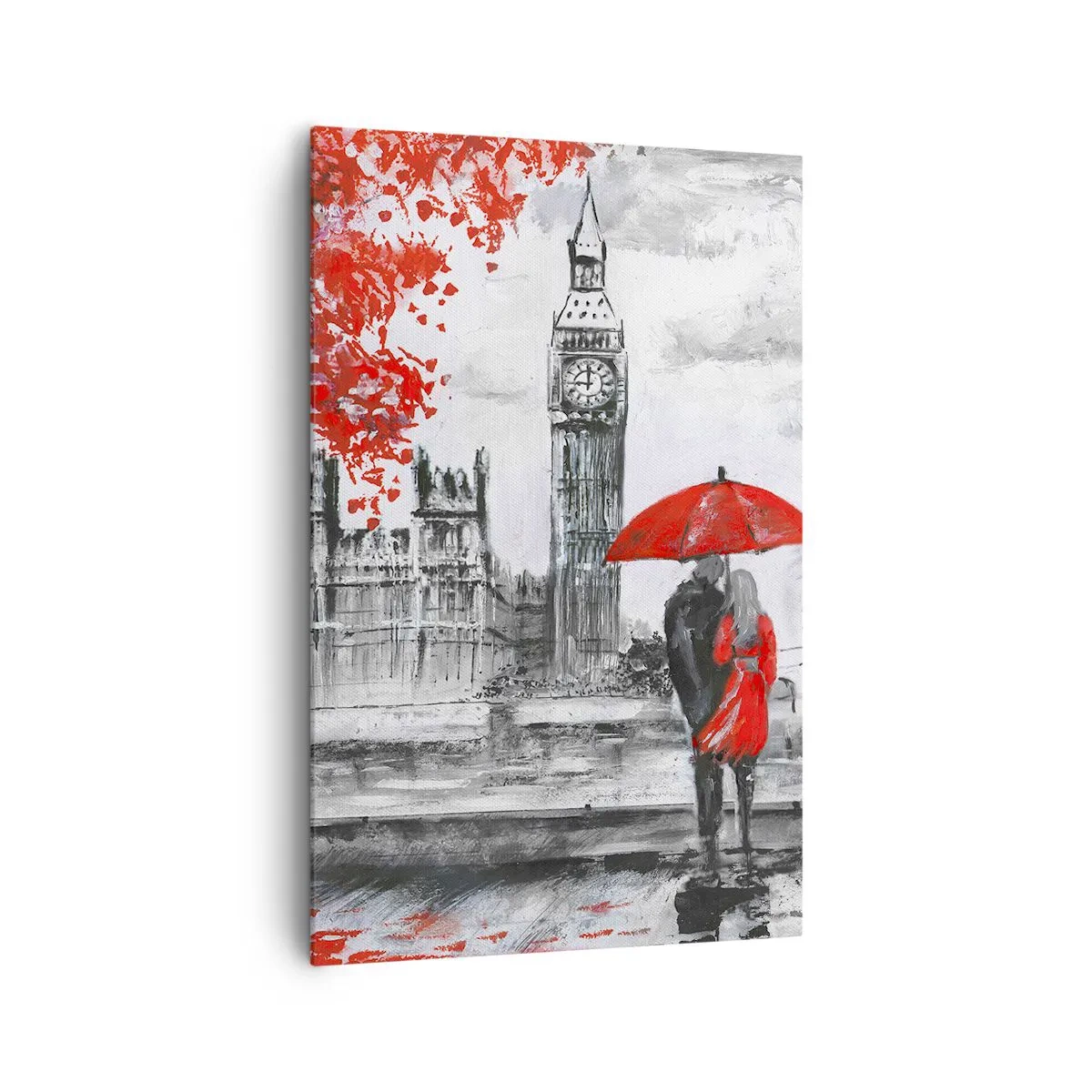 Quadro su tela - Stampe su Tela - Scena romantica con il Big Ben e un ombrello rosso - 80x120cm - Innamorati a Londra - Decorazione murale moderna per soggiorno e camera da letto ARTTOR