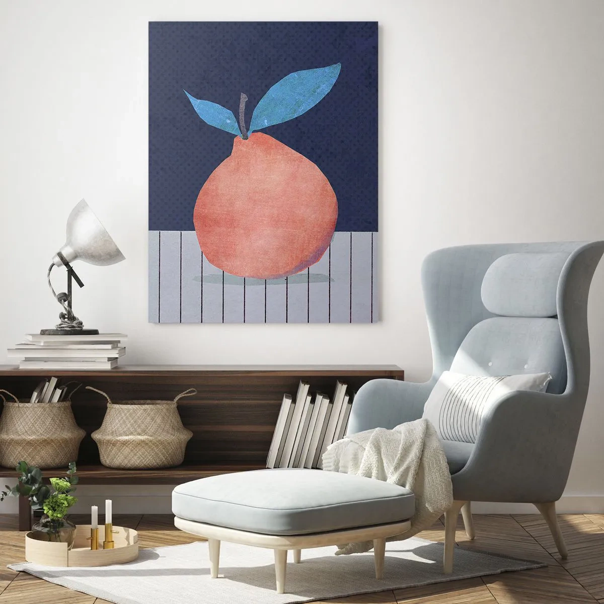 Quadro su vetro - Un frutto dalla forma astratta contro una composizione geometrica - 50x70cm - Convessità e piano - Decorazione murale moderna per soggiorno e camera da letto ARTTOR