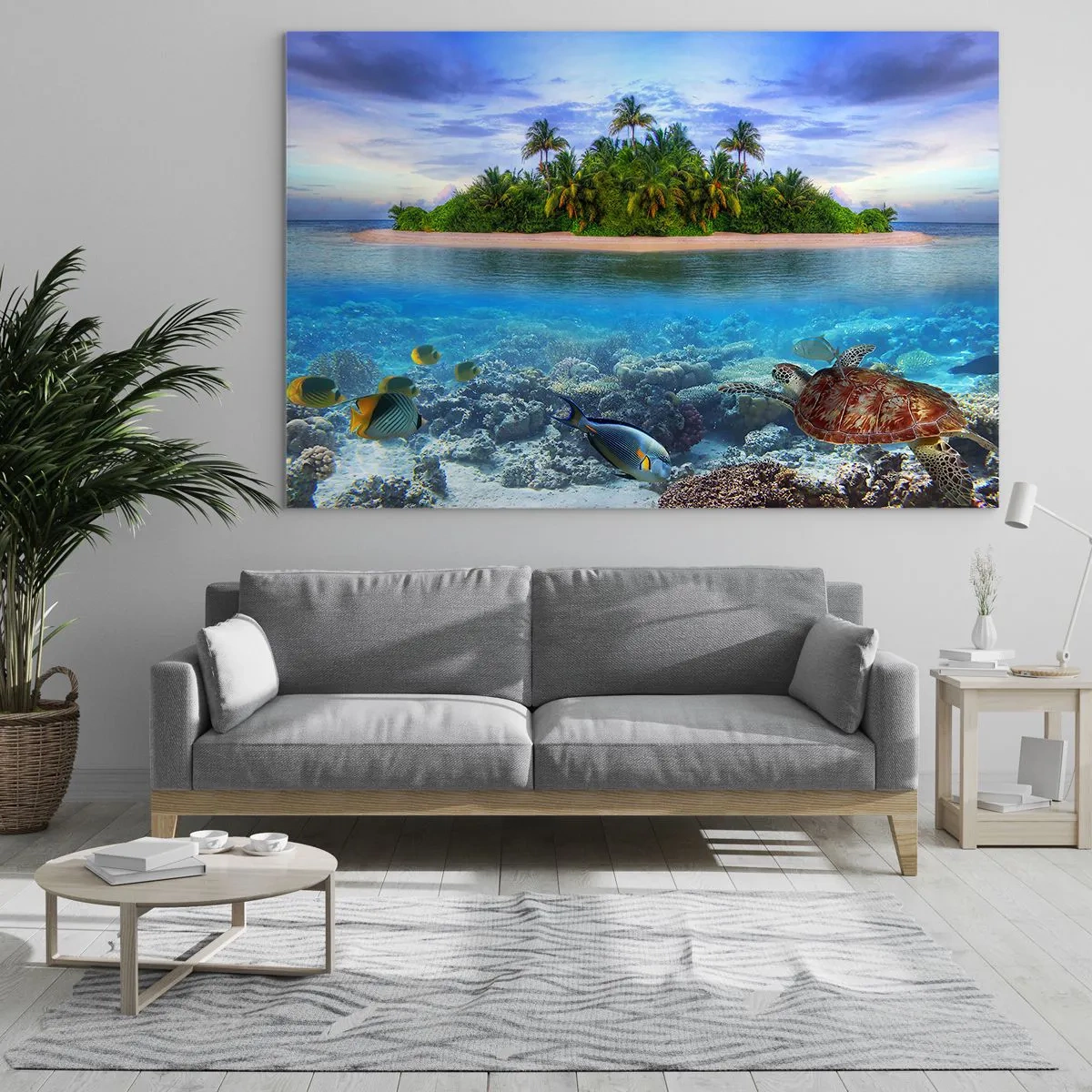 Quadro su vetro - Un'isola tropicale con barriera corallina e vita marina - 70x50cm - L'isola del paradiso dà il benvenuto - Decorazione murale moderna per soggiorno e camera da letto ARTTOR