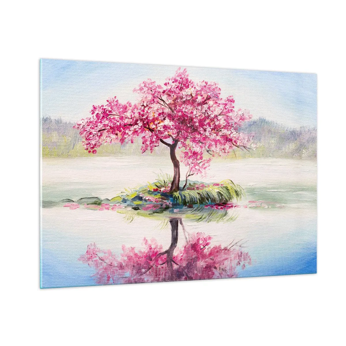 Quadro su vetro - Un albero rosa su un'isola riflesso nell'acqua calma - 100x70cm - La festa della primavera - Decorazione murale moderna per soggiorno e camera da letto ARTTOR