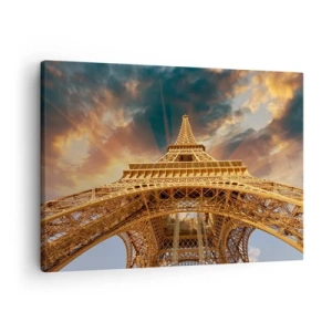 Quadro su tela - Stampe su Tela - La Torre Eiffel dal basso sullo sfondo del sole al tramonto - 70x50cm - Come gli uomini hanno raggiunto il cielo - Decorazione murale moderna per soggiorno e camera da letto ARTTOR