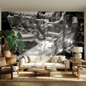 Fotomurali Premium Sand - Un primo piano di un motore moderno - 100x70cm - D'acciaio, bello, forte - Decorazione murale moderna per soggiorno e camera da letto ARTTOR