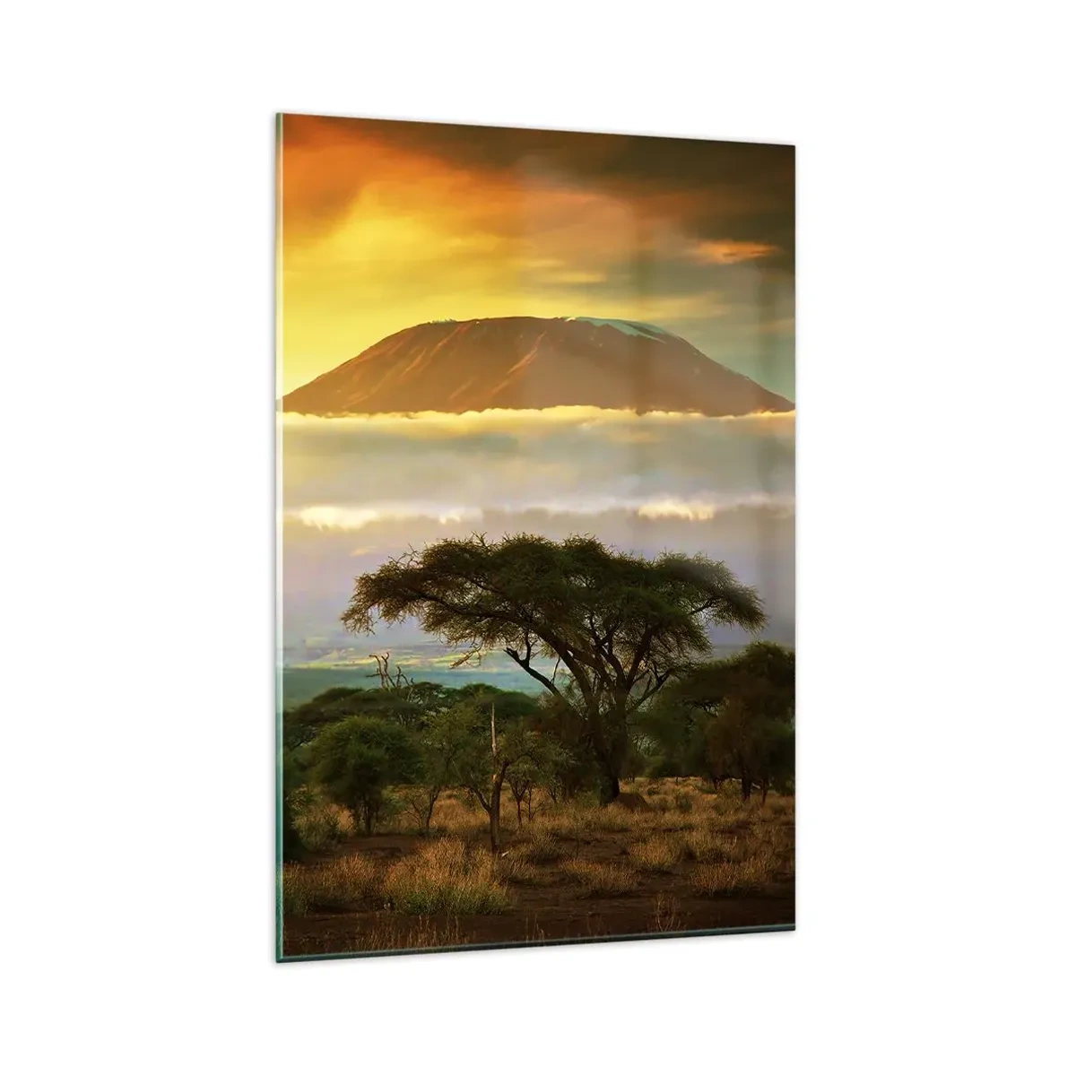Quadro su vetro - Paesaggio africano con il Kilimangiaro all'alba - 80x120cm - Il sogno del viaggiatore - Decorazione murale moderna per soggiorno e camera da letto ARTTOR