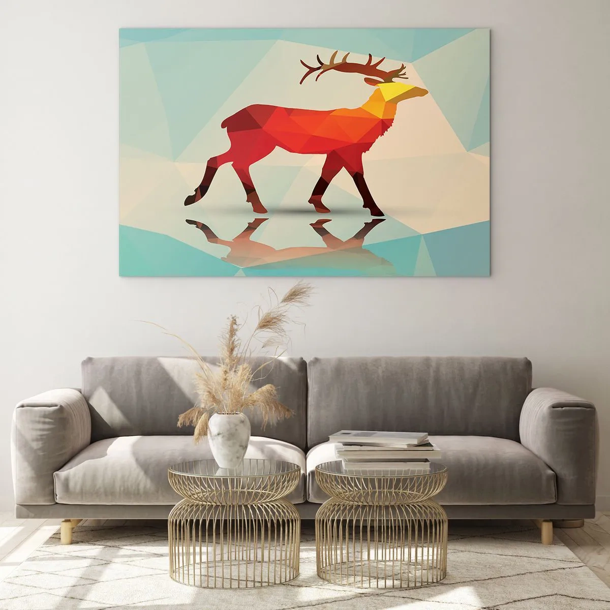 Quadro su vetro - Cervo geometrico in astrazione colorata - 70x50cm - Il cervo geometrico - Decorazione murale moderna per soggiorno e camera da letto ARTTOR