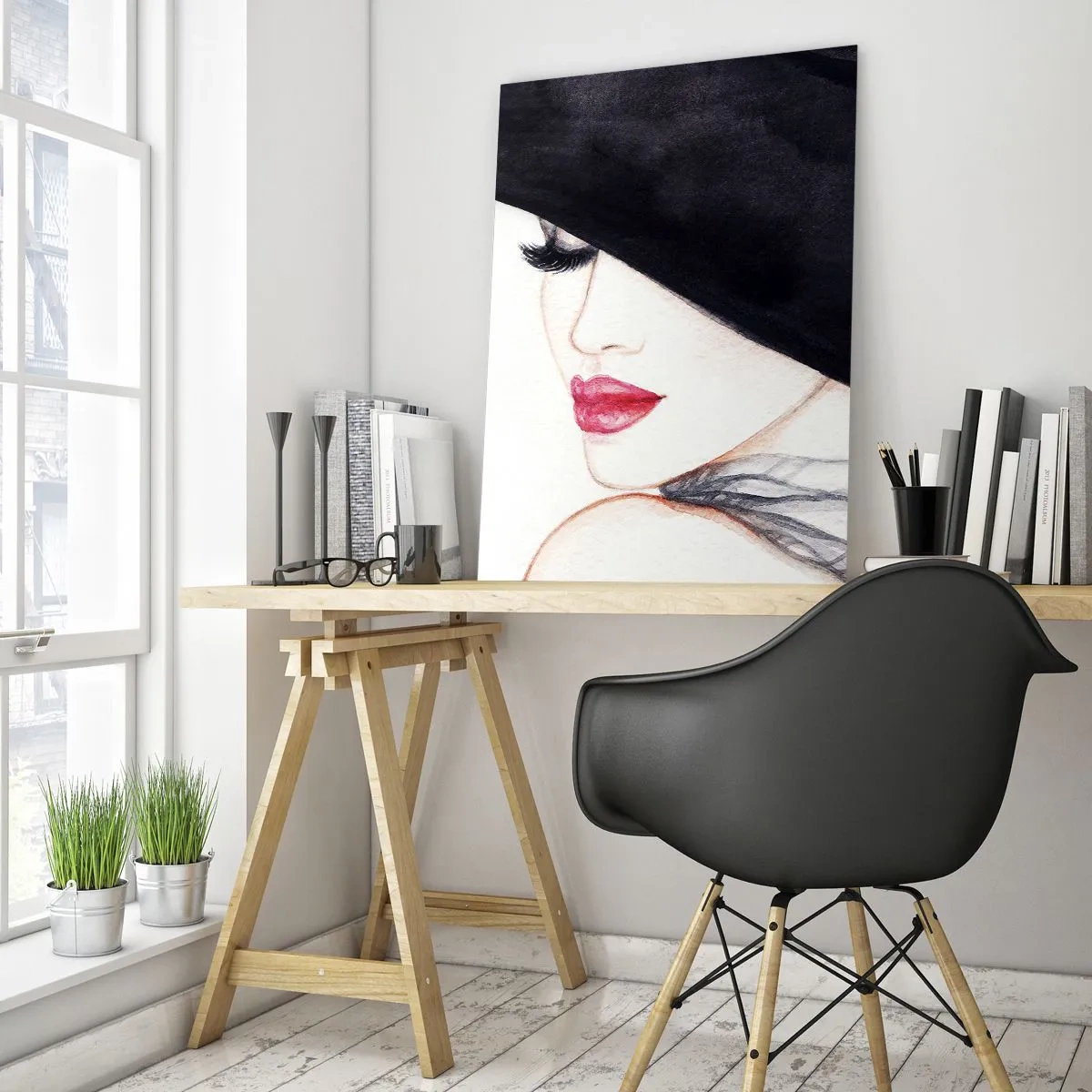 Quadro su vetro - Un'illustrazione sottile di una donna con un cappello nero e labbra rosse - 70x100cm - Eleganza e sensualità - Decorazione murale moderna per soggiorno e camera da letto ARTTOR