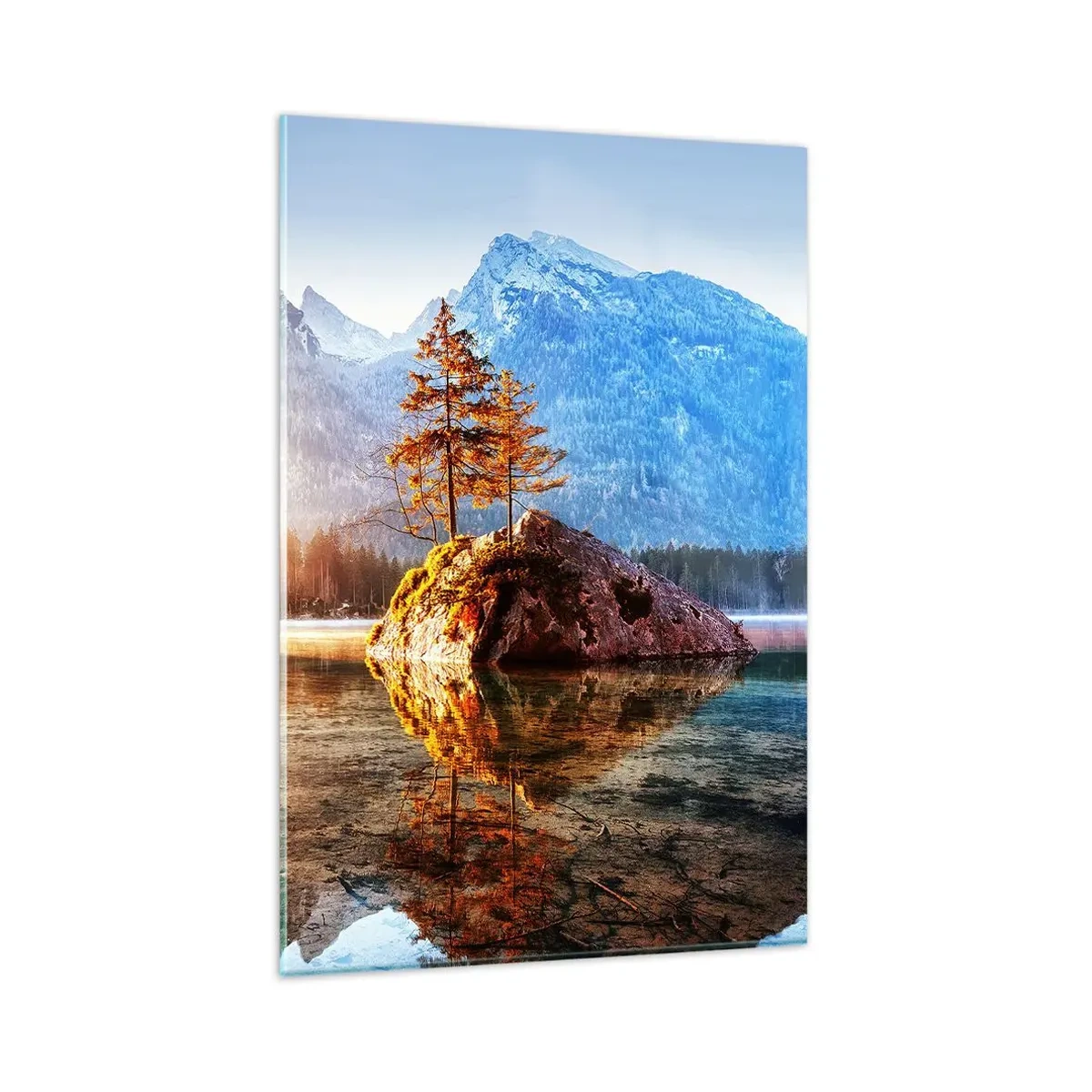Quadro su vetro - Un lago con isole e montagne sullo sfondo all'alba - 80x120cm - La natura in una nuova luce - Decorazione murale moderna per soggiorno e camera da letto ARTTOR