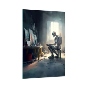Quadro su vetro - Un robot che dipinge un quadro in uno studio d'arte - 80x120cm - Atto creativo - Decorazione murale moderna per soggiorno e camera da letto ARTTOR