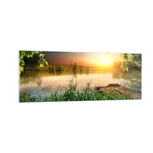 Quadro su vetro - Paesaggio verde con un lago al tramonto - 140x50cm - Paesaggio incorniciato di verde - Decorazione murale moderna per soggiorno e camera da letto ARTTOR