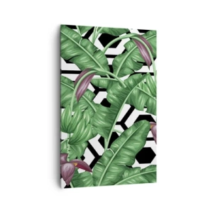 Quadro su tela - Stampe su Tela - Foglie tropicali su sfondo geometrico - 80x120cm - Composizione simmetrica con la natura - Decorazione murale moderna per soggiorno e camera da letto ARTTOR