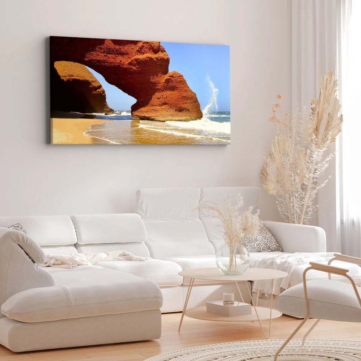 Quadro su tela - Stampe su Tela - Un arco di roccia naturale su una spiaggia con cielo azzurro e onde - 140x50cm - Migliaia di anni di acqua e vento - Decorazione murale moderna per soggiorno e camera da letto ARTTOR