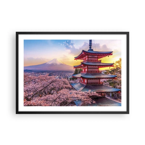 Poster in cornice nera - Una pagoda in Giappone con fiori di ciliegio e il Monte Fuji - 70x50cm - L'essenza dell'anima giapponese - Decorazione murale moderna per soggiorno e camera da letto ARTTOR