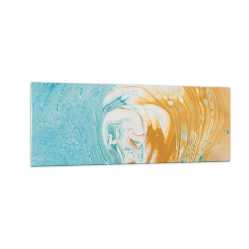 Quadro su vetro - Onde astratte nei toni del blu e dell'oro su tela - 140x50cm - Vortice pastello - Decorazione murale moderna per soggiorno e camera da letto ARTTOR