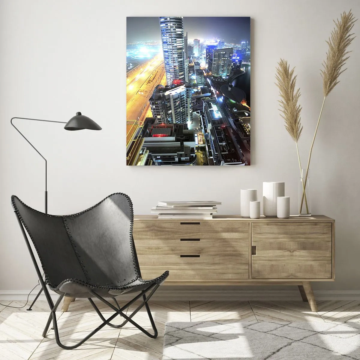 Quadro su vetro - Panorama della città notturna con grattacieli illuminati - 80x120cm - Miracolo nel deserto - Decorazione murale moderna per soggiorno e camera da letto ARTTOR