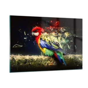 Quadro su vetro - Un pappagallo colorato in una composizione artistica con effetto frantumato - 120x80cm - Messaggero di luce - Decorazione murale moderna per soggiorno e camera da letto ARTTOR