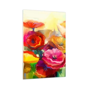 Quadro su vetro - Fiori astratti colorati su uno sfondo chiaro - 70x100cm - Non solo rossi - Decorazione murale moderna per soggiorno e camera da letto ARTTOR