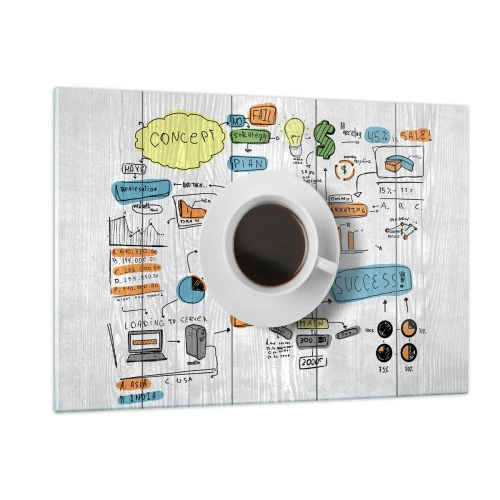 Quadro su vetro - Una tazza di caffè su uno sfondo di diagrammi e disegni concettuali - 120x80cm - Un momento di pausa - Decorazione murale moderna per soggiorno e camera da letto ARTTOR