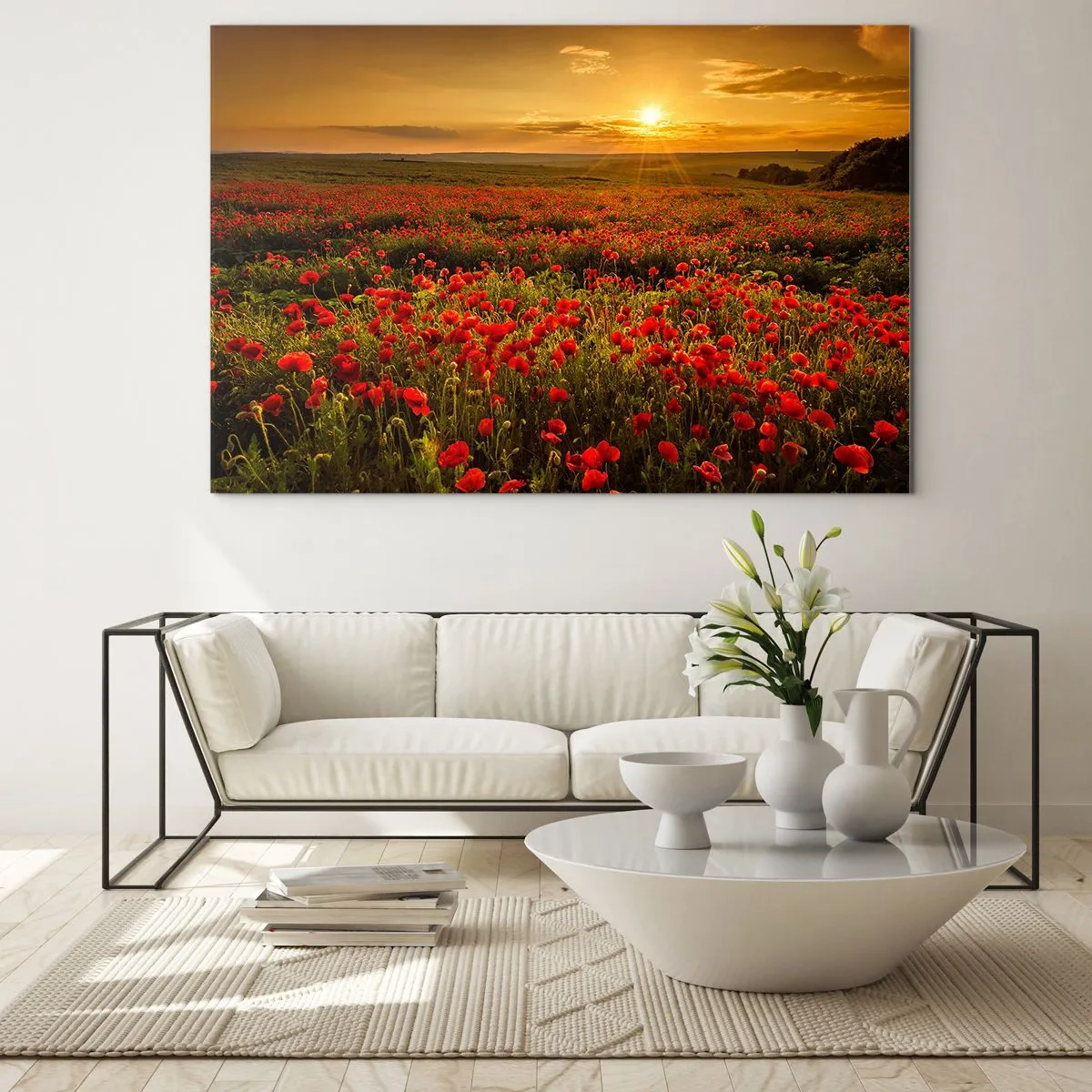 Quadro su vetro - Un campo di papaveri illuminato dai raggi del sole al tramonto - 100x70cm - Tra il fruscio delle erbe, in un'esplosione di fiori - Decorazione murale moderna per soggiorno e camera da letto ARTTOR
