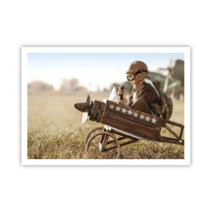 Poster - Un bambino su un aeroplanino giocattolo con un campo sullo sfondo - 100x70cm - Decollo verso i sogni - Decorazione murale moderna per soggiorno e camera da letto ARTTOR