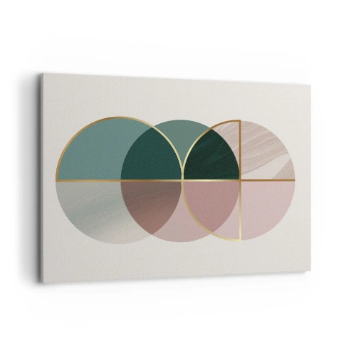 Quadro su tela - Stampe su Tela - Una composizione astratta di forme geometriche e linee dorate. - 100x70cm - Un cerchio dietro l'altro... - Decorazione murale moderna per soggiorno e camera da letto ARTTOR