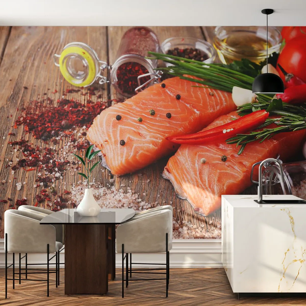 Fotomurali Autoadesivo Deluxe Sticker - Avventura norvegese in cucina - Gastronomia, Salmone, Spezie - 150x105 cm