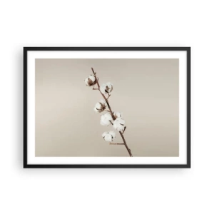 Poster in cornice nera - Un rametto di cotone su uno sfondo beige - 70x50cm - Alla fonte della morbidezza - Decorazione murale moderna per soggiorno e camera da letto ARTTOR