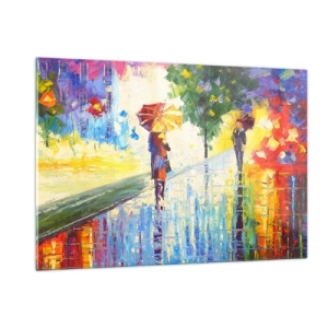 Quadro su vetro - Una passeggiata colorata sotto la pioggia con un ombrello impressionista - 120x80cm - E tutto è chiaro - Decorazione murale moderna per soggiorno e camera da letto ARTTOR