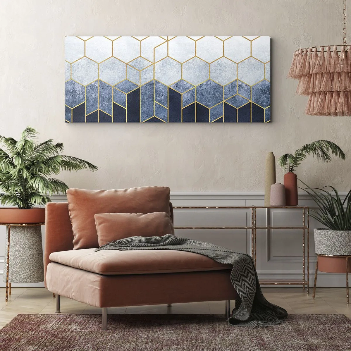 Quadro su tela - Stampe su Tela - Motivo geometrico nei toni dell'oro e del blu navy - 120x50cm - Composizione a ritmo sincopato - Decorazione murale moderna per soggiorno e camera da letto ARTTOR