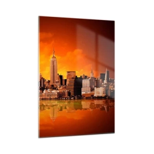 Quadro su vetro - Panorama della città al tramonto - 50x70cm - Panorama di grande città in giallo e marrone - Decorazione murale moderna per soggiorno e camera da letto ARTTOR