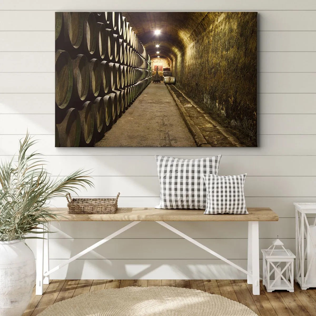 Quadro su tela - Stampe su Tela - Una cantina con botti di legno per il vino disposte in file - 70x50cm - È bene riposare - Decorazione murale moderna per soggiorno e camera da letto ARTTOR