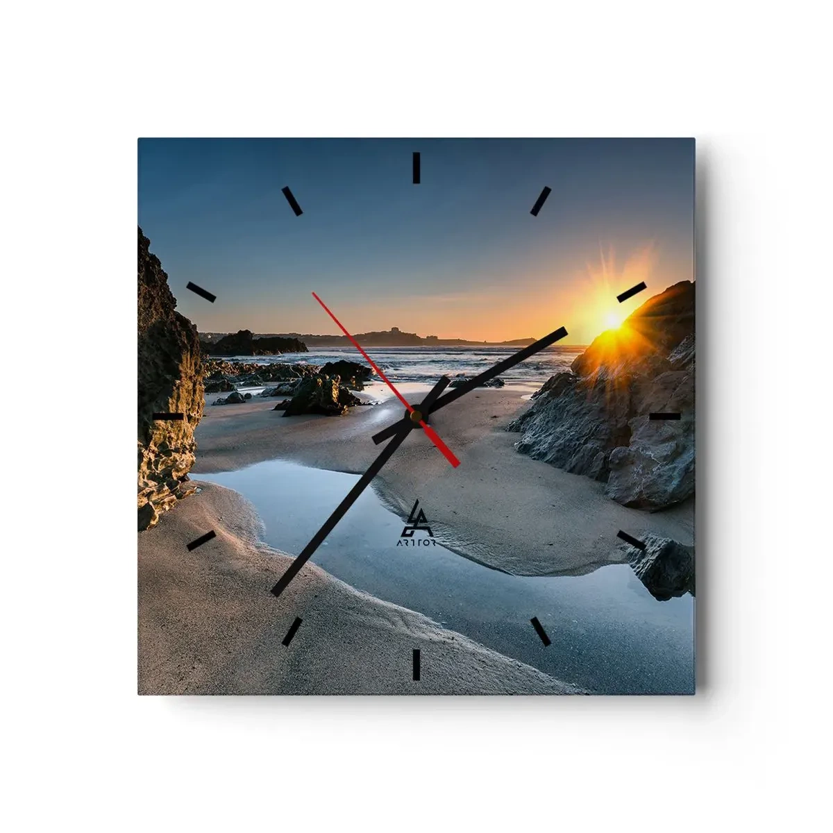 Orologio da parete - Orologio in Vetro - Tramonto pittoresco su una spiaggia rocciosa - 30x30cm - Mai toccate da mano umana - Decorazione murale moderna per soggiorno e camera da letto ARTTOR