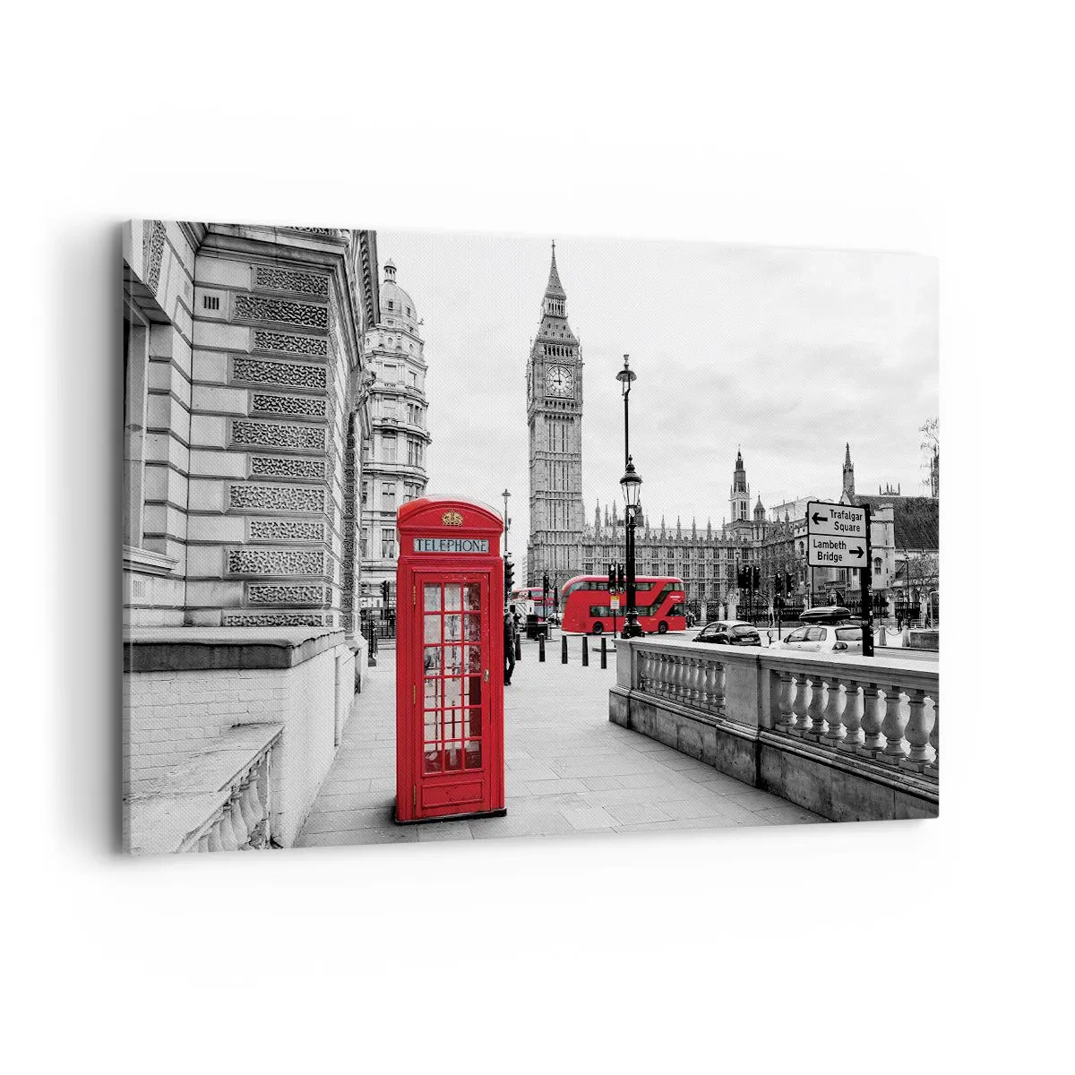Quadro su tela - Stampe su Tela - Una cabina telefonica rossa con il Big Ben sullo sfondo a Londra - 120x80cm - Indubbiamente Londra - Decorazione murale moderna per soggiorno e camera da letto ARTTOR
