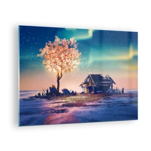 Quadro su vetro - Un paesaggio magico con un albero in fiore e un cottage - 70x50cm - La natura non passa - Decorazione murale moderna per soggiorno e camera da letto ARTTOR