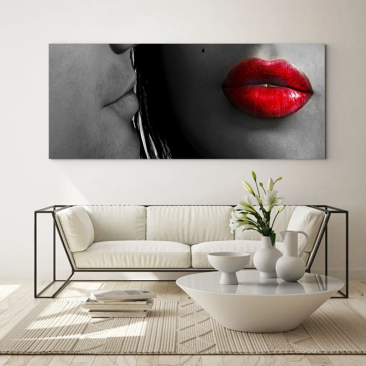 Quadro su vetro - Primo piano dei volti di una donna e di un uomo con le labbra rosse. - 120x50cm - Volto accanto al volto  - Decorazione murale moderna per soggiorno e camera da letto ARTTOR