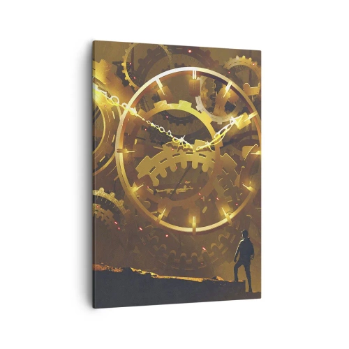 Quadro su tela - Stampe su Tela - Ingranaggi dorati in un ambiente surreale con una figura - 50x70cm - Alla fonte del tempo - Decorazione murale moderna per soggiorno e camera da letto ARTTOR