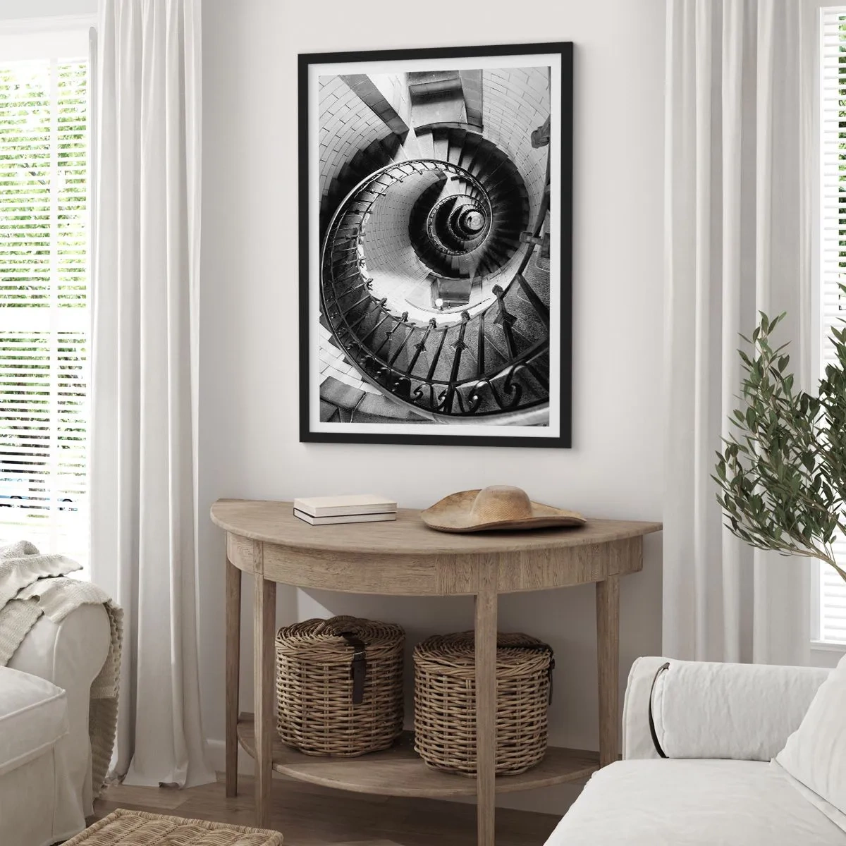 Poster in cornice nera - Scala a chiocciola in prospettiva in bianco e nero - 50x70cm - Ancora più in alto - Decorazione murale moderna per soggiorno e camera da letto ARTTOR