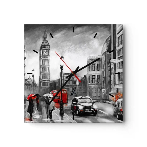 Orologio da parete - Orologio in Vetro - Una scena di Londra in bianco e nero con accenti rossi - 30x30cm - Una città per niente grigia - Decorazione murale moderna per soggiorno e camera da letto ARTTOR