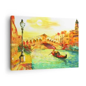 Quadro su tela - Stampe su Tela - Un pittoresco ponte sul canale con una gondola alla luce del sole al tramonto - 70x50cm - Il pellegrinaggio degli innamorati - Decorazione murale moderna per soggiorno e camera da letto ARTTOR