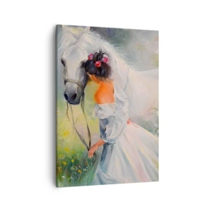 Quadro su tela - Stampe su Tela - Una donna con un cavallo bianco in un ambiente pittoresco - 50x70cm - Come in un bel sogno - Decorazione murale moderna per soggiorno e camera da letto ARTTOR