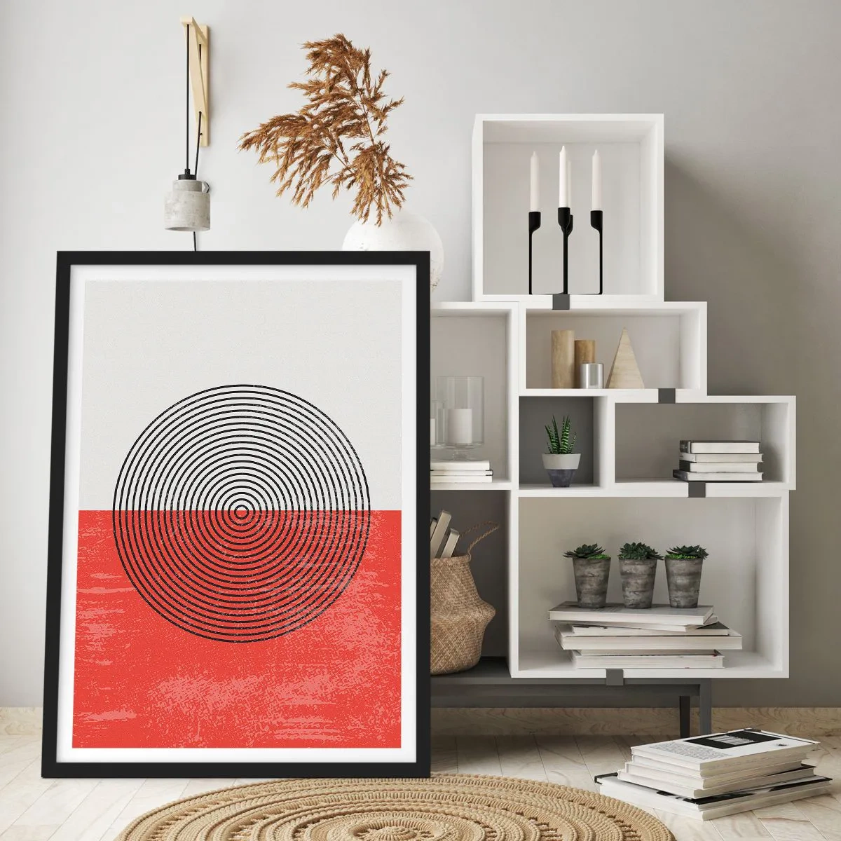 Poster in cornice nera - Composizione geometrica con cerchi su sfondo rosso e bianco - 50x70cm - Dritto al centro - Decorazione murale moderna per soggiorno e camera da letto ARTTOR