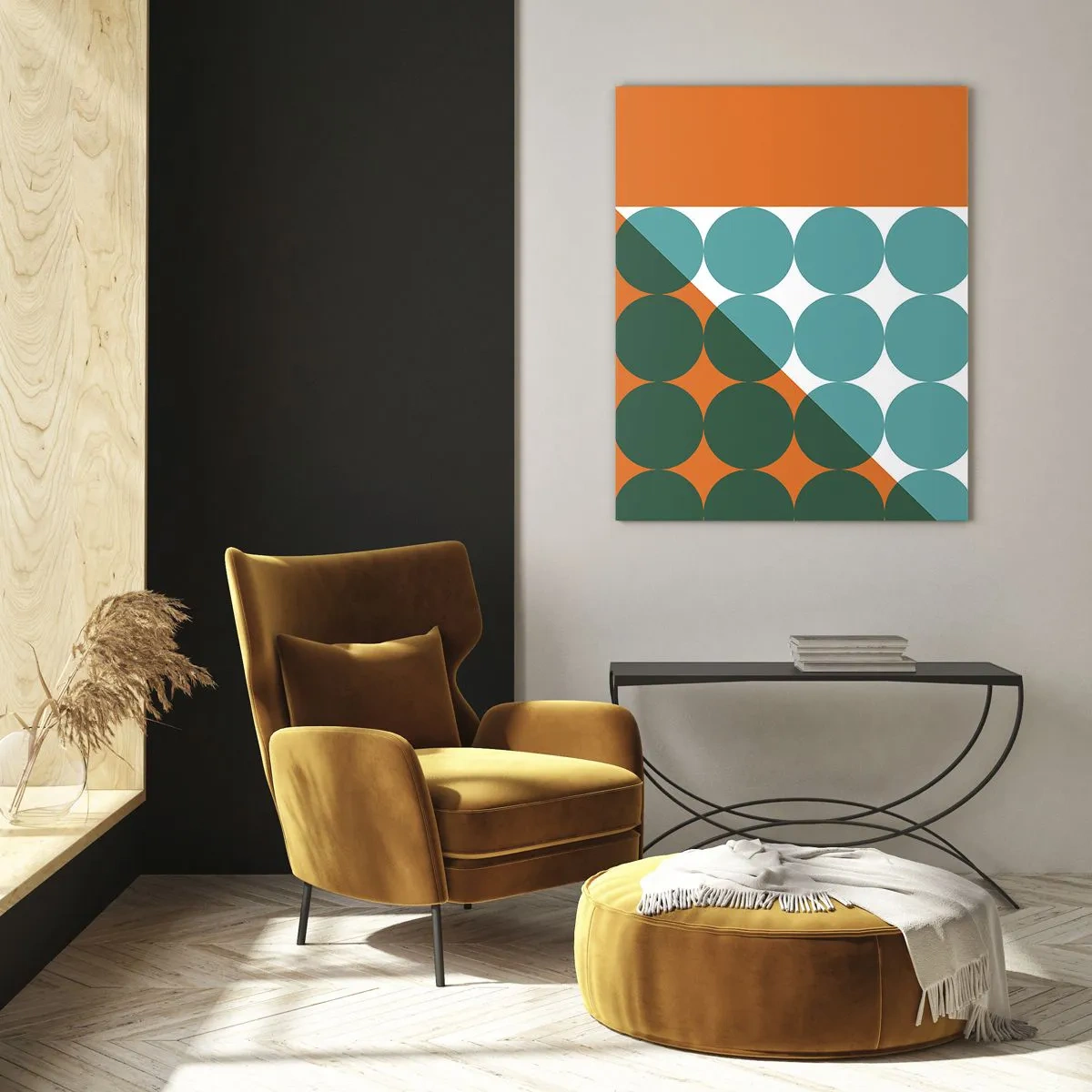 Quadro su vetro - Composizione geometrica astratta con cerchi e un triangolo - 50x70cm - In alto obliquo - Decorazione murale moderna per soggiorno e camera da letto ARTTOR